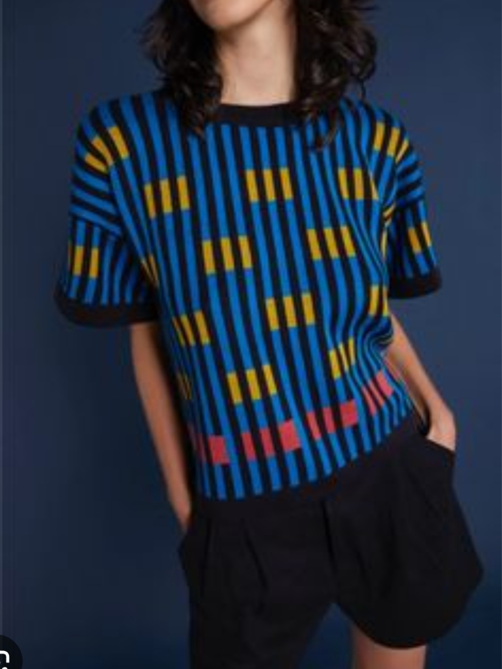 Blue Striped Short-Sleeve Knit Top with Yellow and Pink Accents